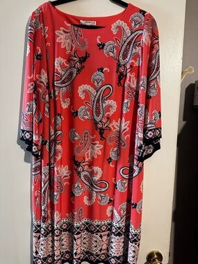 Studio One Coral Paisley Border-Print Long Sleeve Dress
